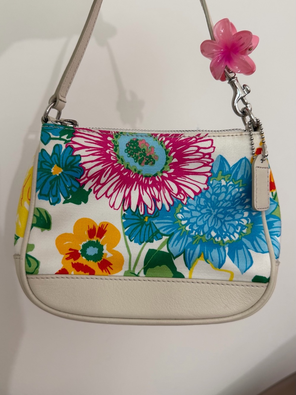 Coach Floral Canvas Shoulder Bag in White, Pink, Blue and Yellow